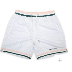 Kinetic Men's White Mesh Athletic Shorts with Green & Peach Trim